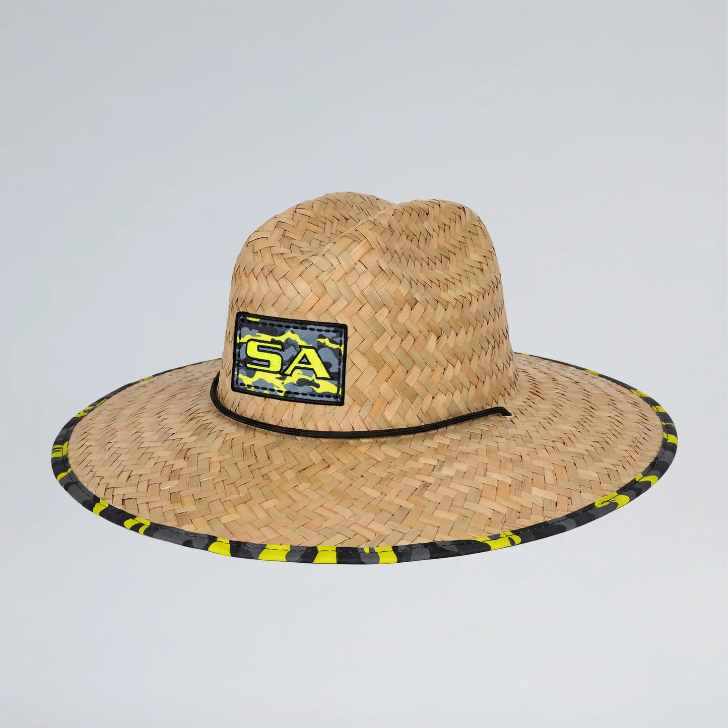 Woven straw hat with a logo on a light gray background