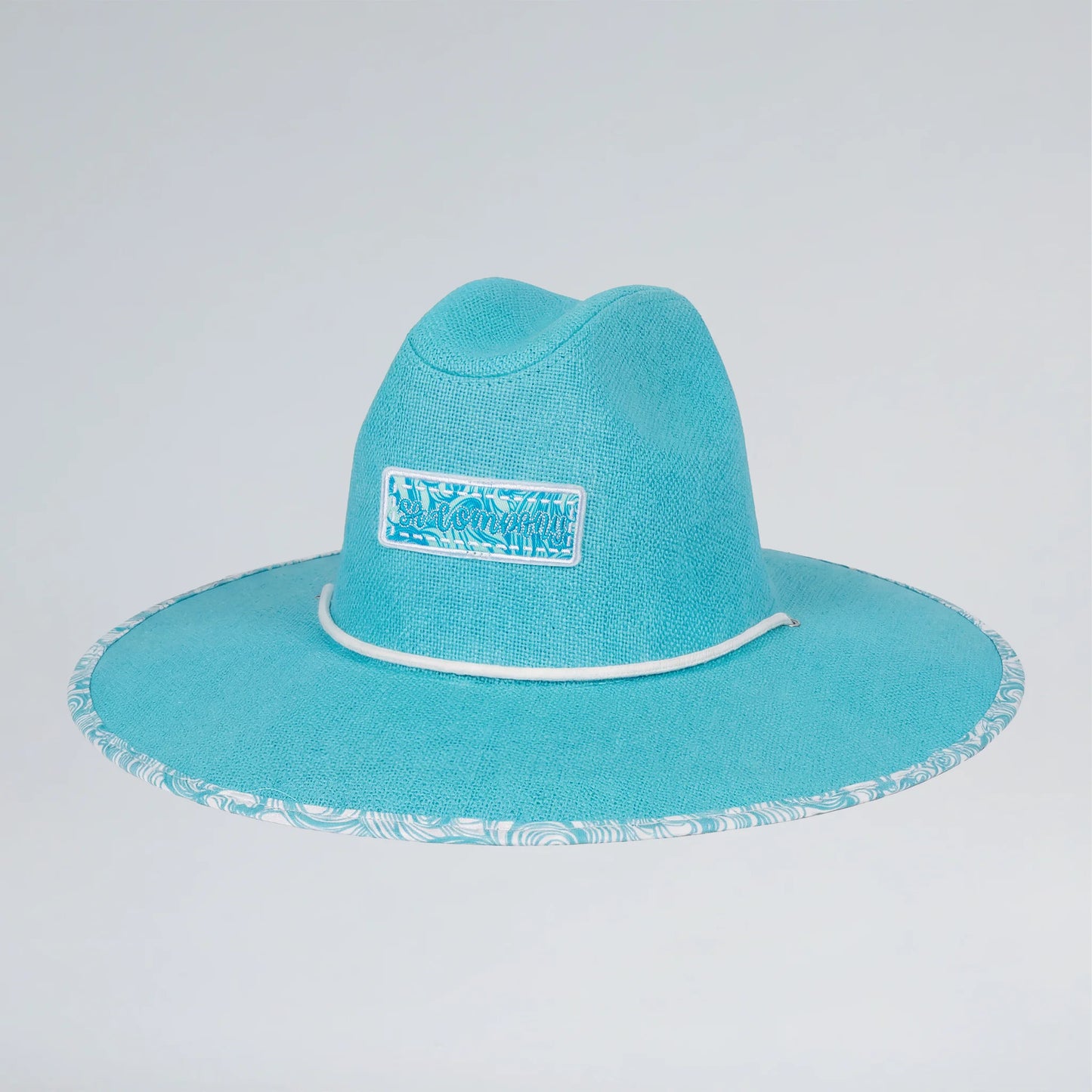 Turquoise wide-brimmed hat with a logo on a light gray background