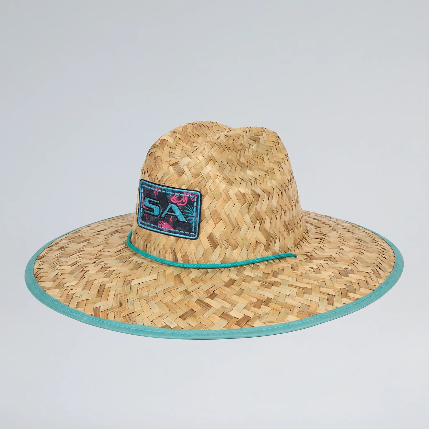 Straw hat with a blue band and logo on a light gray background