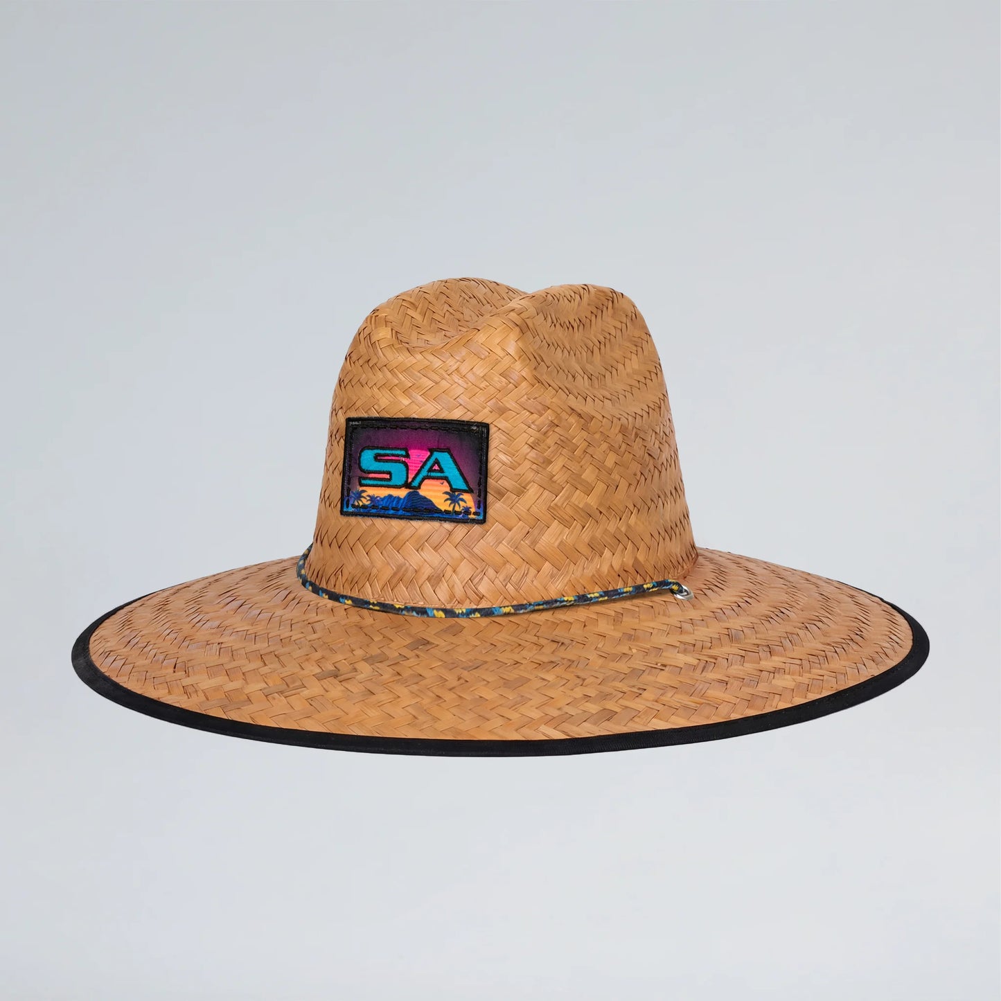 Straw hat with a logo on a light gray background
