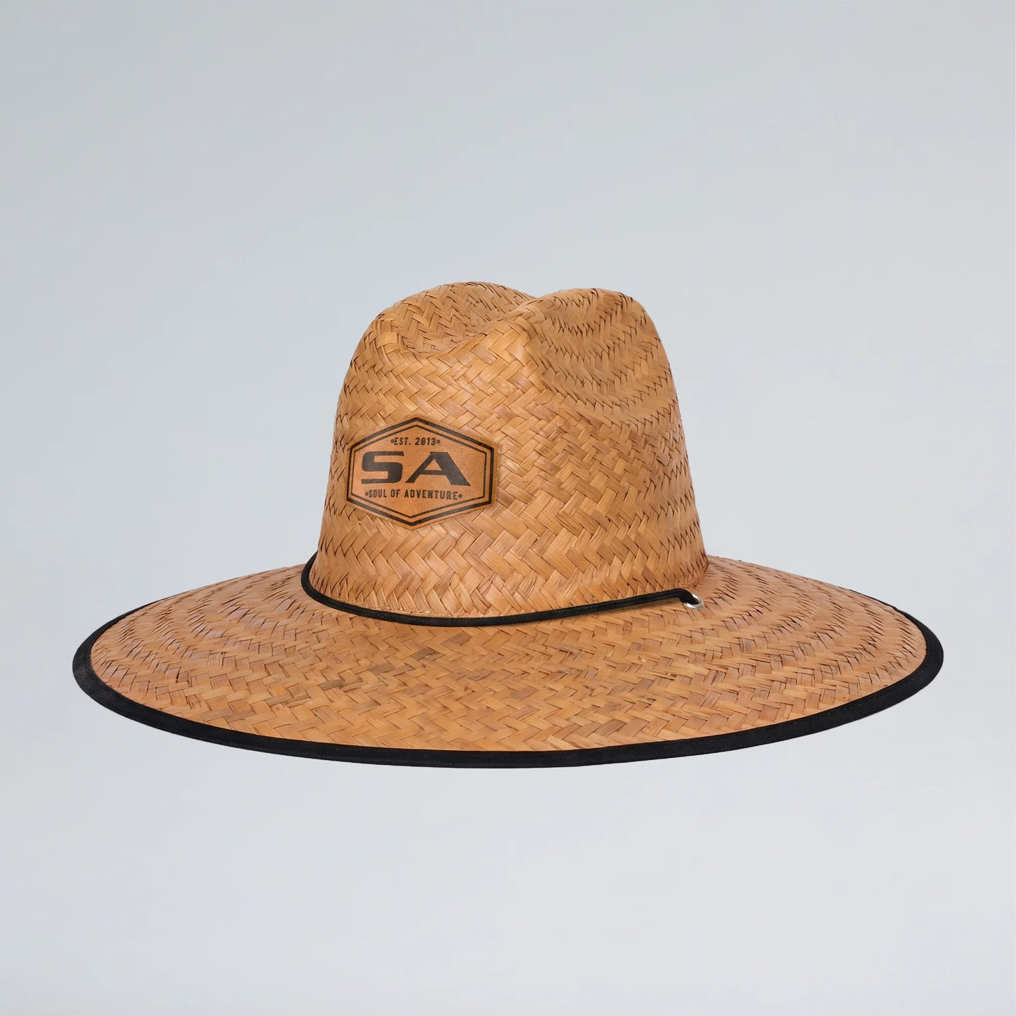 Straw hat with a logo on a light gray background