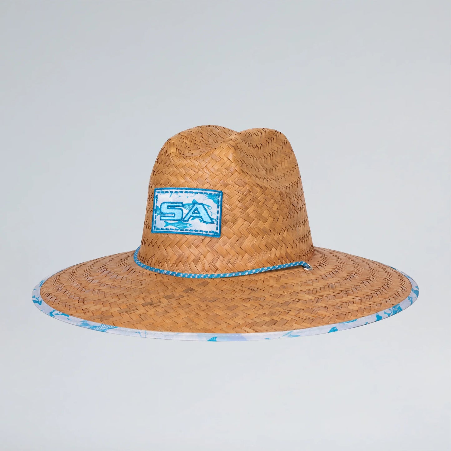 Straw hat with a blue band and logo on a light gray background