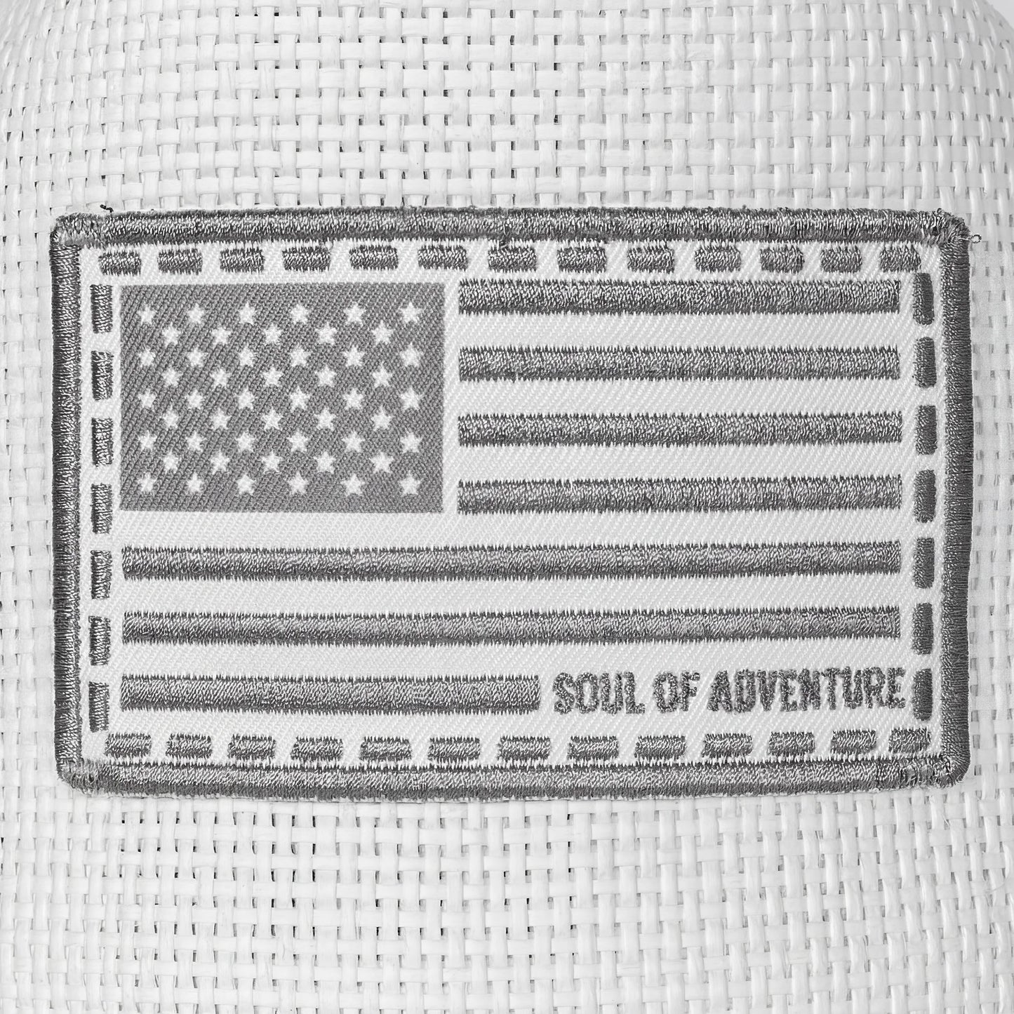 American flag patch with 'Soul of Adventure' text on a textured background