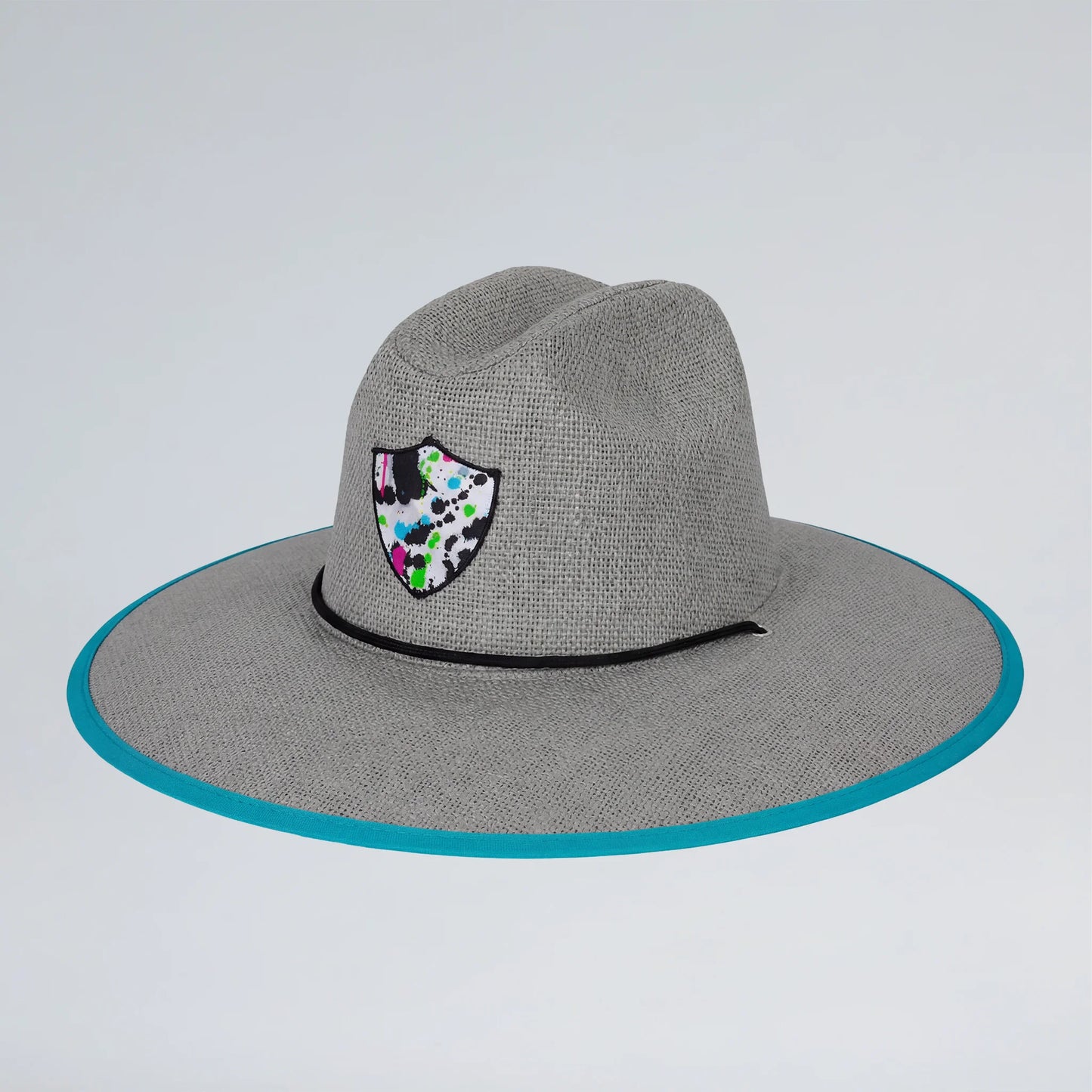 Gray wide-brimmed hat with a colorful patch on a light gray background