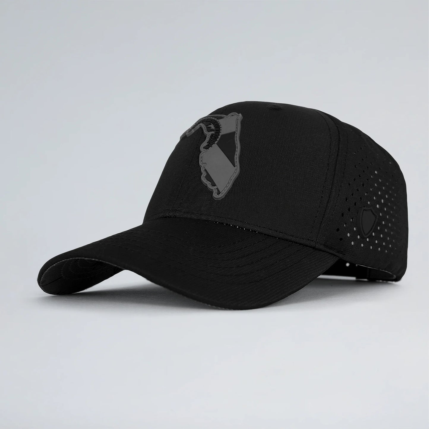 Black cap with a logo on a light gray background