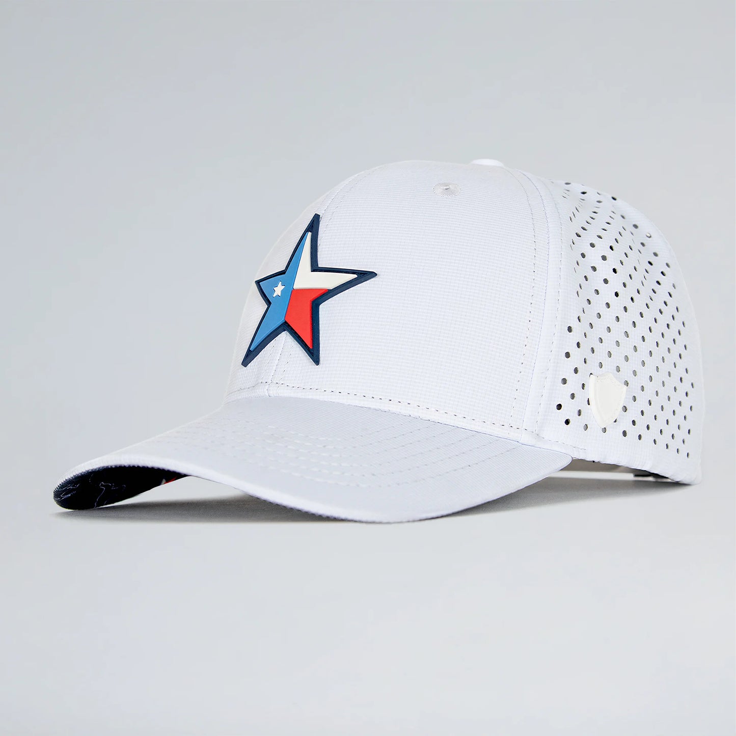 White baseball cap with a star logo on a light gray background