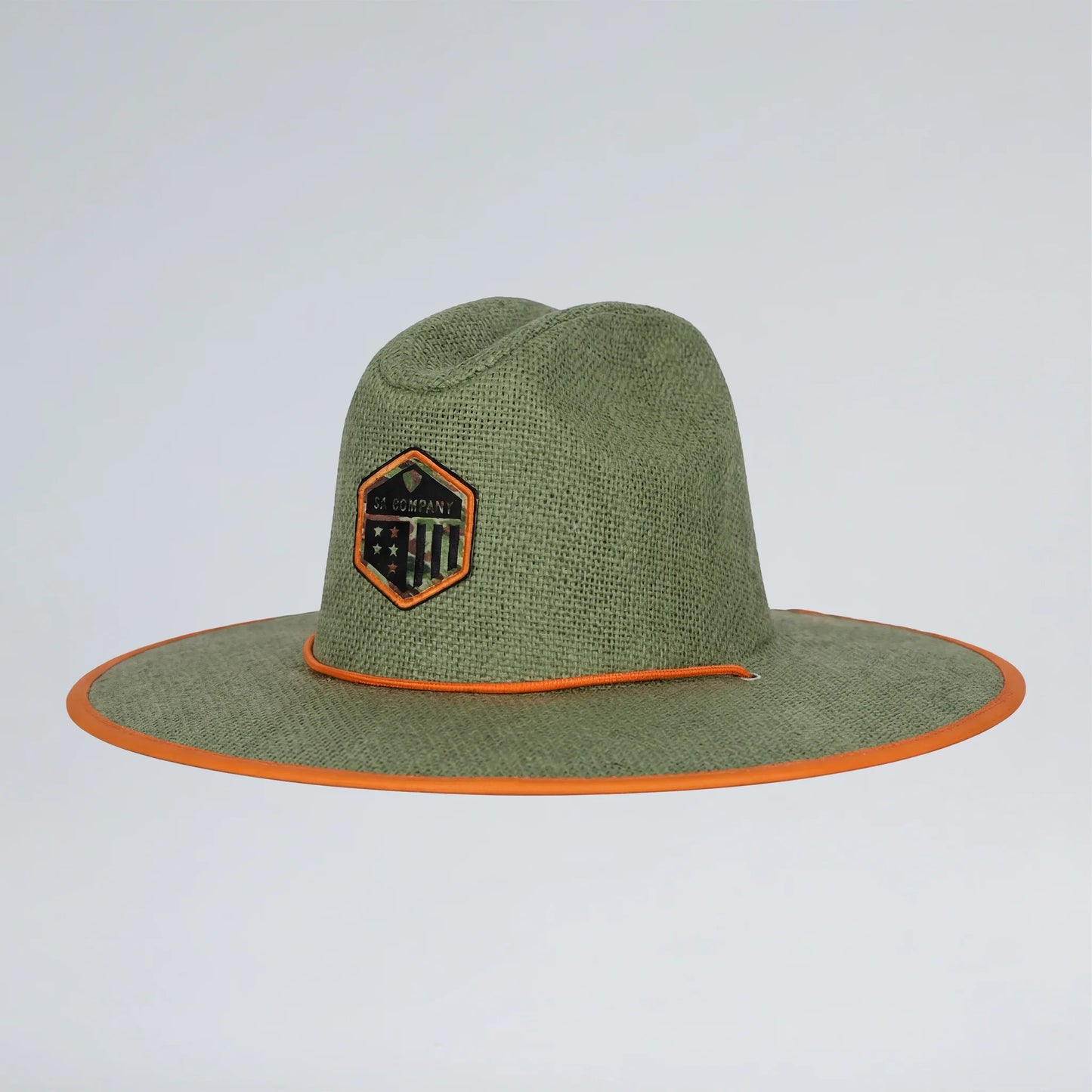 Green straw hat with orange trim on a light gray background