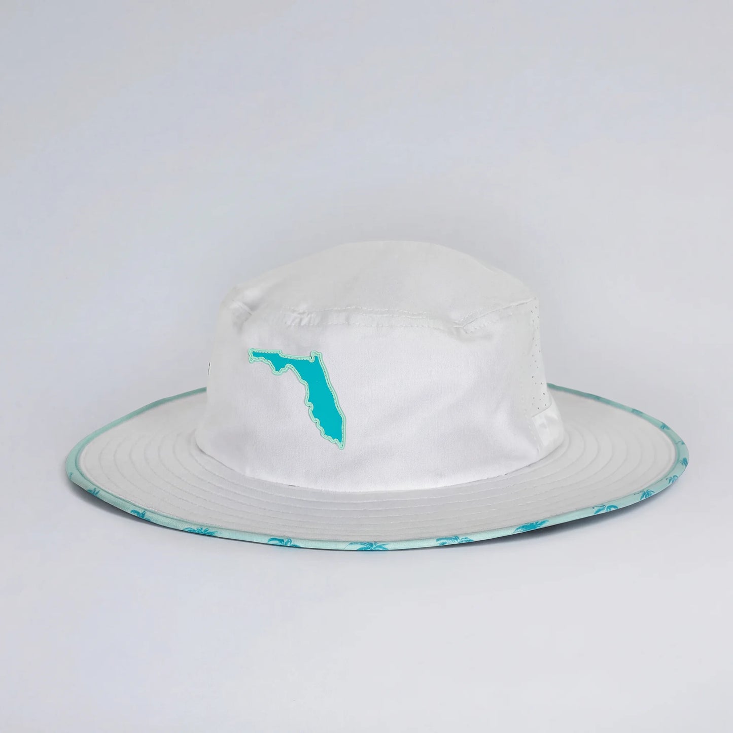 White bucket hat with turquoise rim and Florida outline on a white background