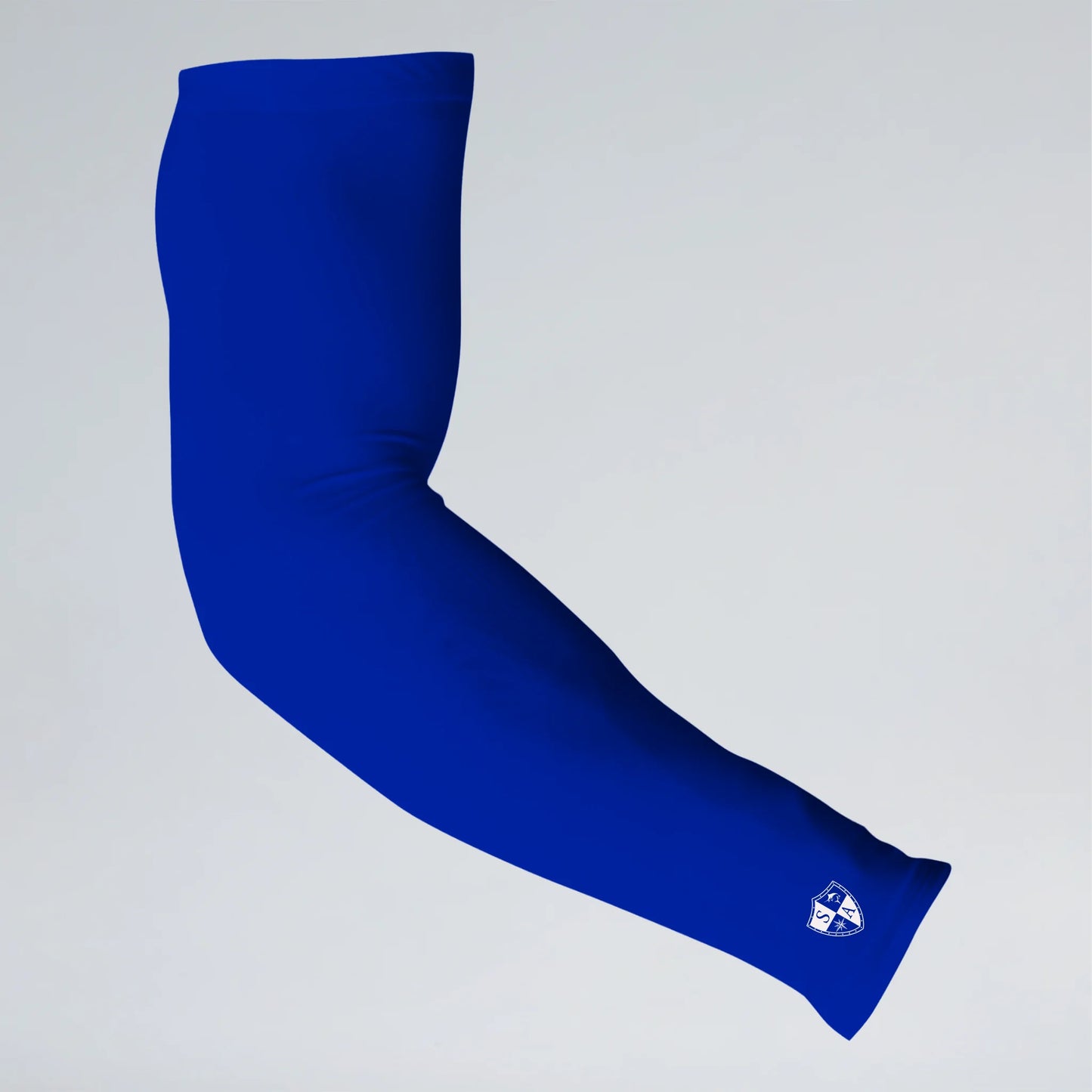 Blue arm sleeve with a logo on a gray background