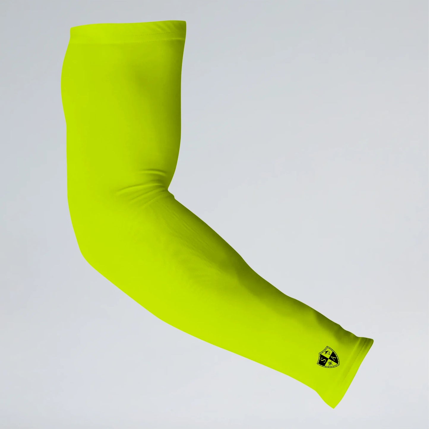 Neon green arm sleeve with a brand logo on a light gray background