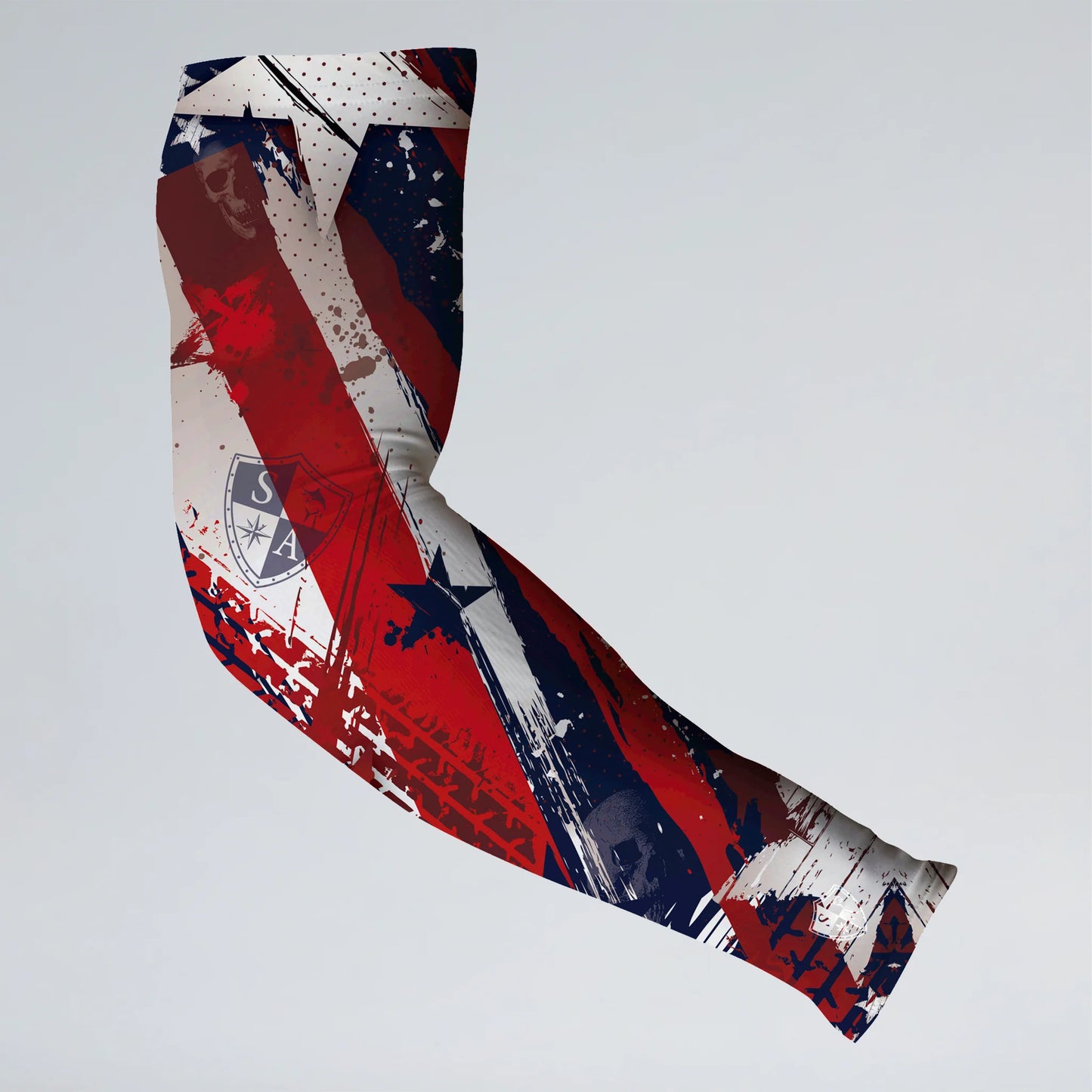 Arm sleeve with American flag design on a light gray background