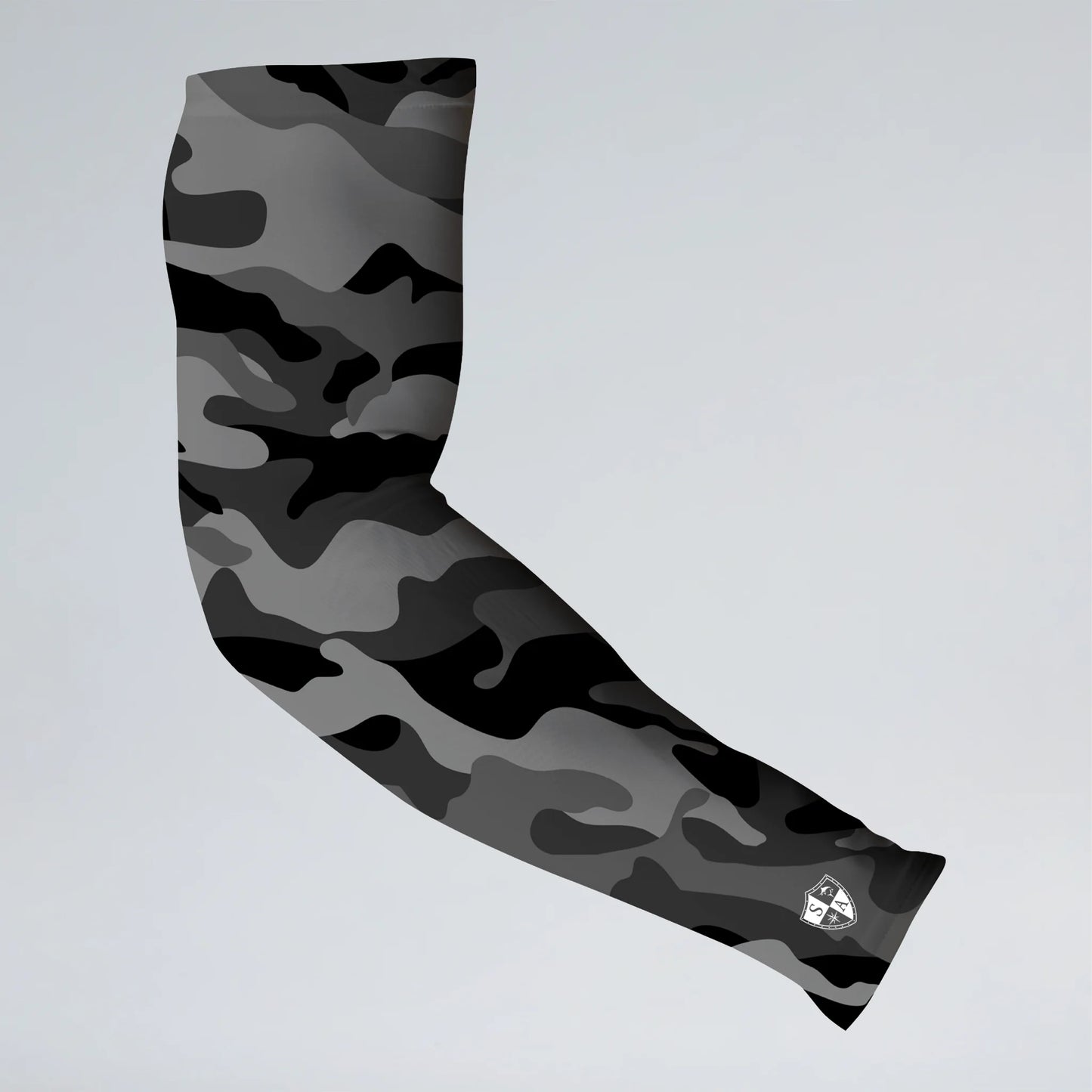 Black and gray camouflage arm sleeve on a light gray background