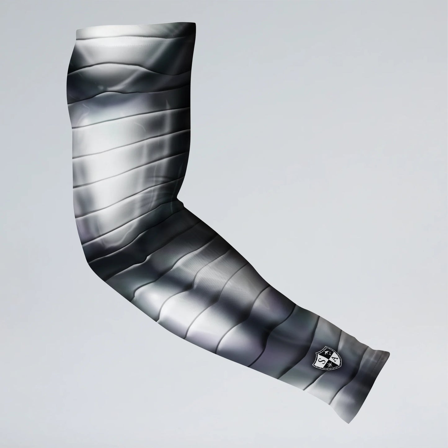 Silver and black patterned arm sleeve on a light gray background