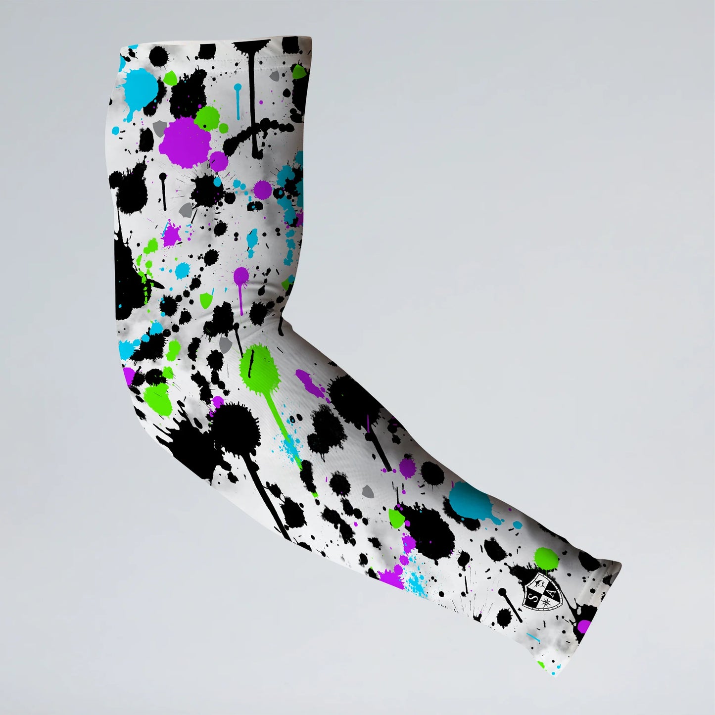 Colorful splatter pattern on a white background