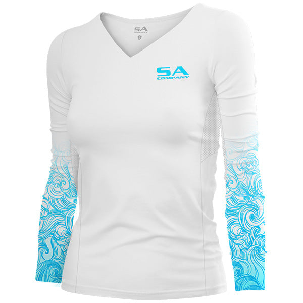 SA Company Women's Performance Long Sleeve Shirt W/ Mesh | White | Tidal Waves | Size L
