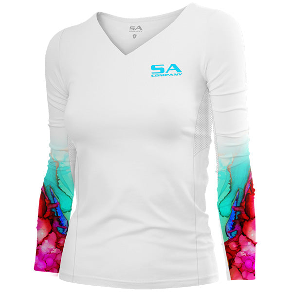 SA Company Women's Performance Long Sleeve Shirt | White | Watercolor | Size Small