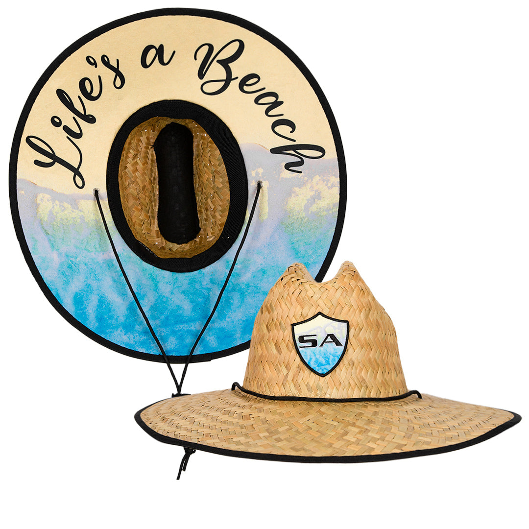 SA Company Under Brim Straw Hat | Life's A Beach | SA Company Shield Beach with Embroidered Logo | UPF 50 | Straw Hats for Men & Women | SA Fishing