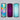 Three fleece neck gaiters in tie-dye, purple scale and aqua swirl prints on a light gray background