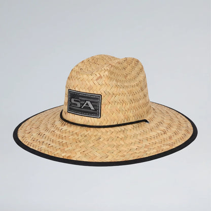 Straw hat with a black band and logo on a light gray background