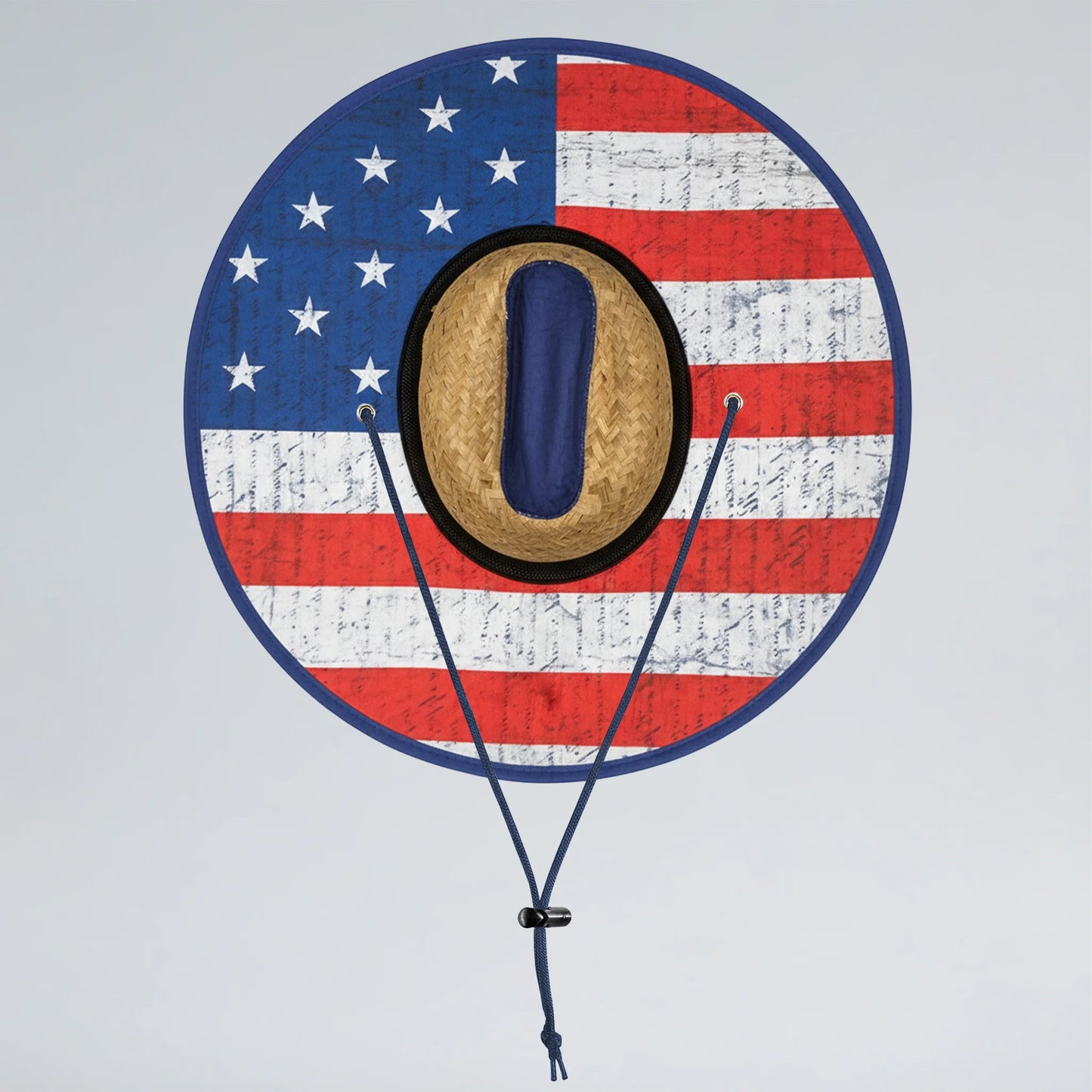 Decorative fan with American flag design and cowboy hat on a light gray background