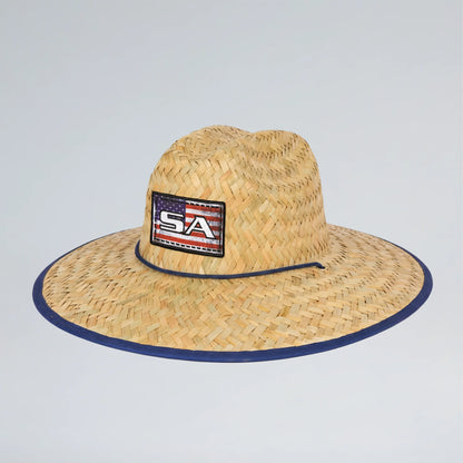 Straw hat with a USA flag logo on a light gray background