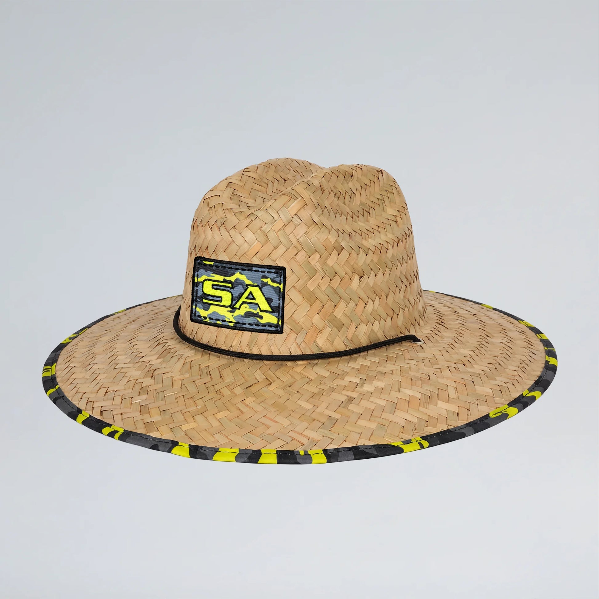 Woven straw hat with a logo on a light gray background