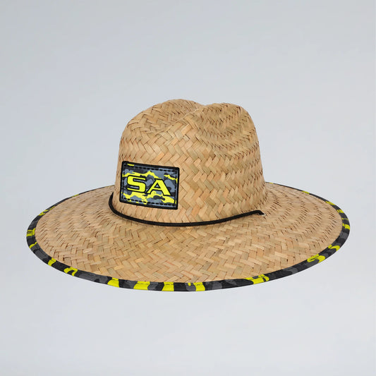 Woven straw hat with a logo on a light gray background