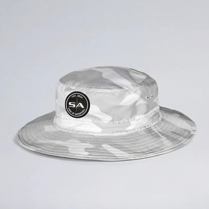 Clear camouflage bucket hat with a logo on a light gray background