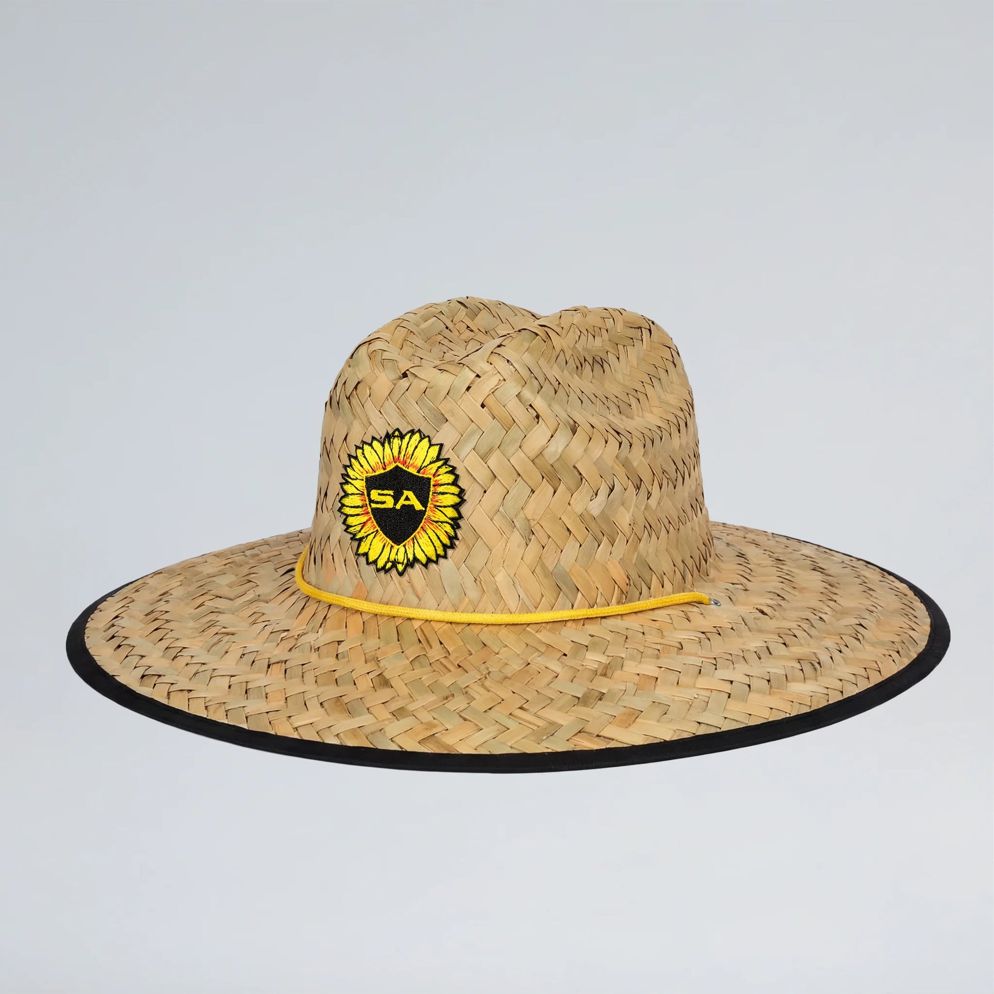 Straw hat with a logo on a light gray background
