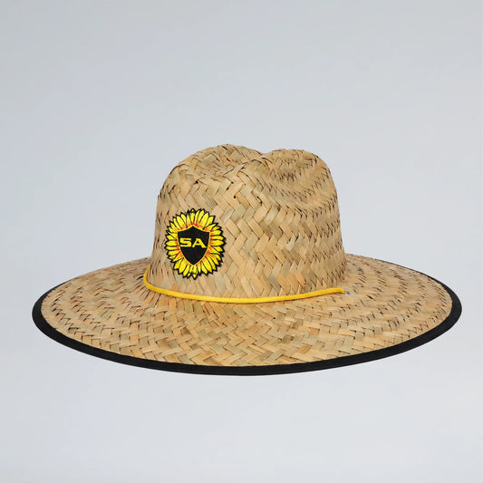Straw hat with a logo on a light gray background