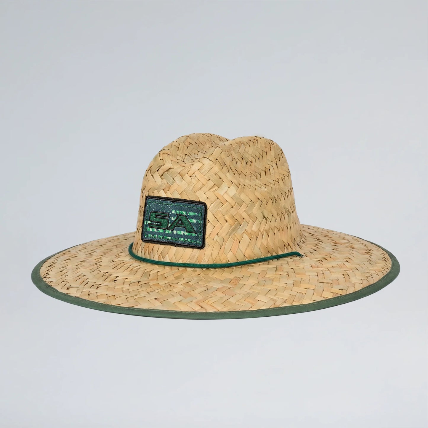 Straw hat with a logo on a light gray background
