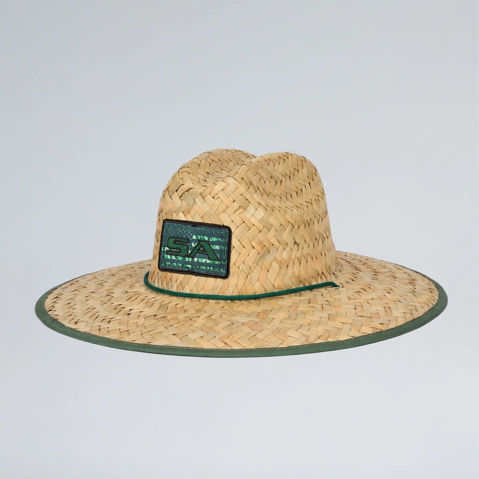 Straw hat with a logo on a light gray background