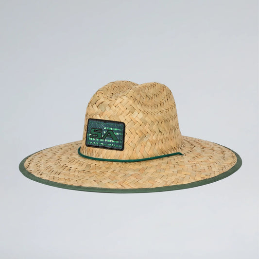 Straw hat with a logo on a light gray background