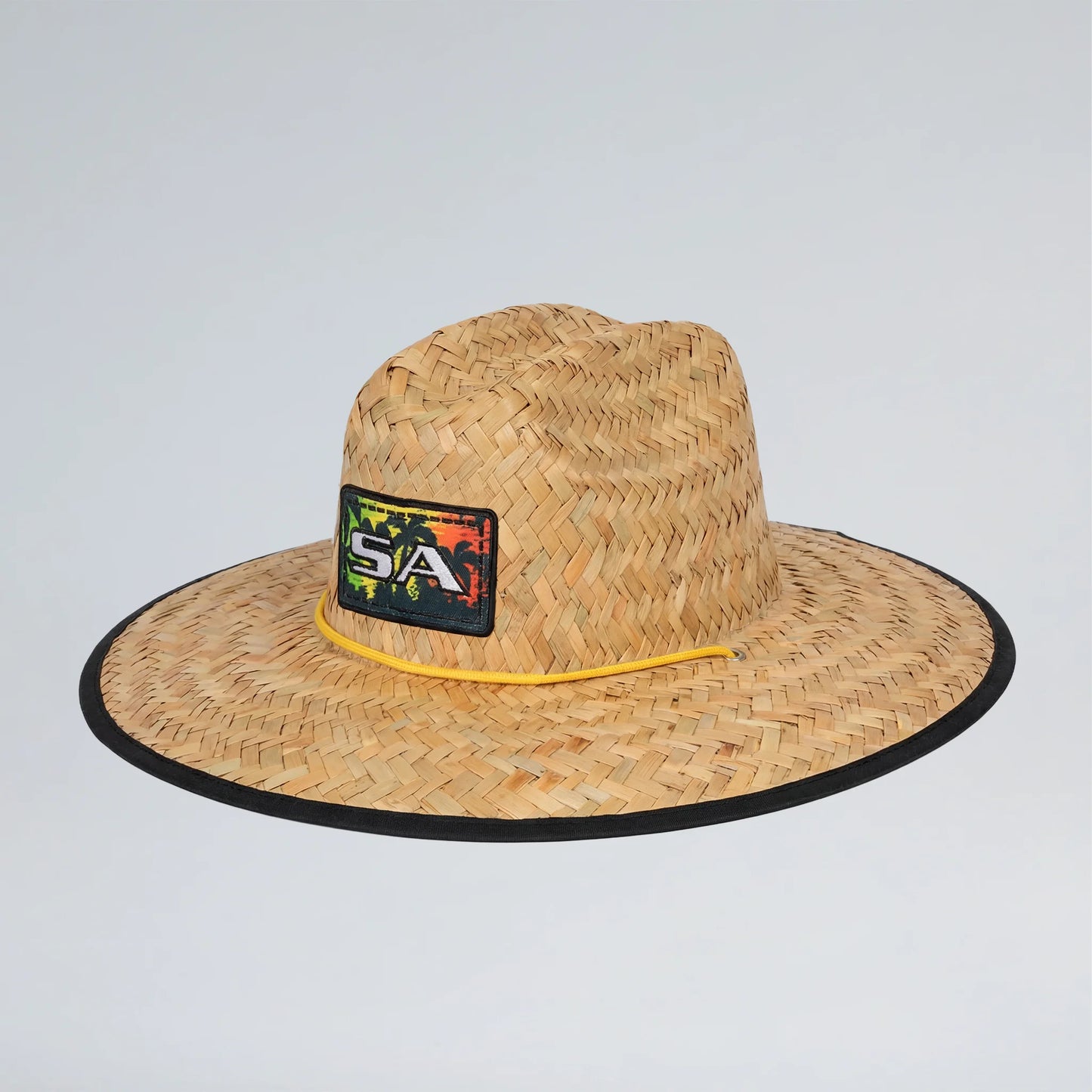 Straw hat with a logo on a light gray background