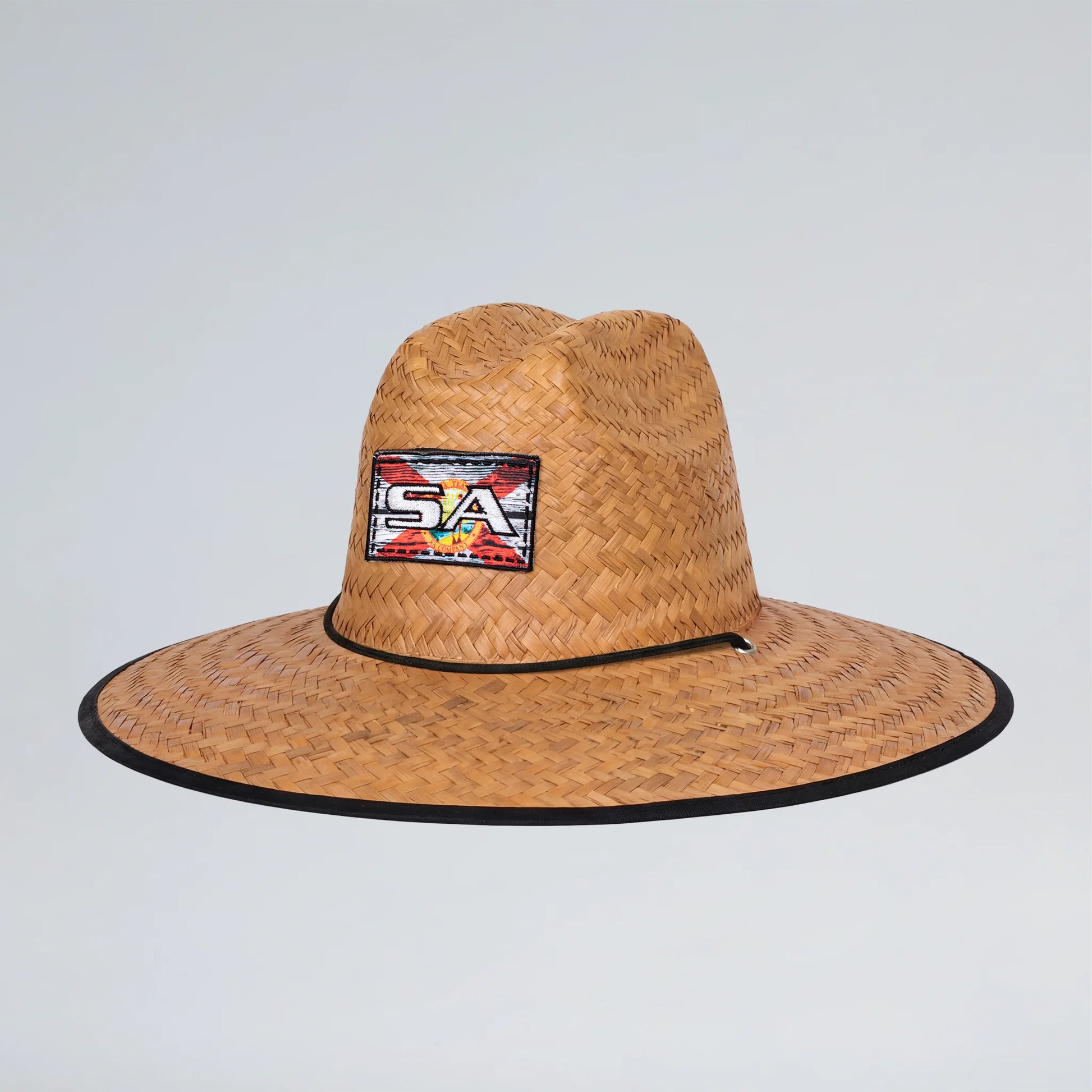 Straw hat with a colorful logo on a light gray background