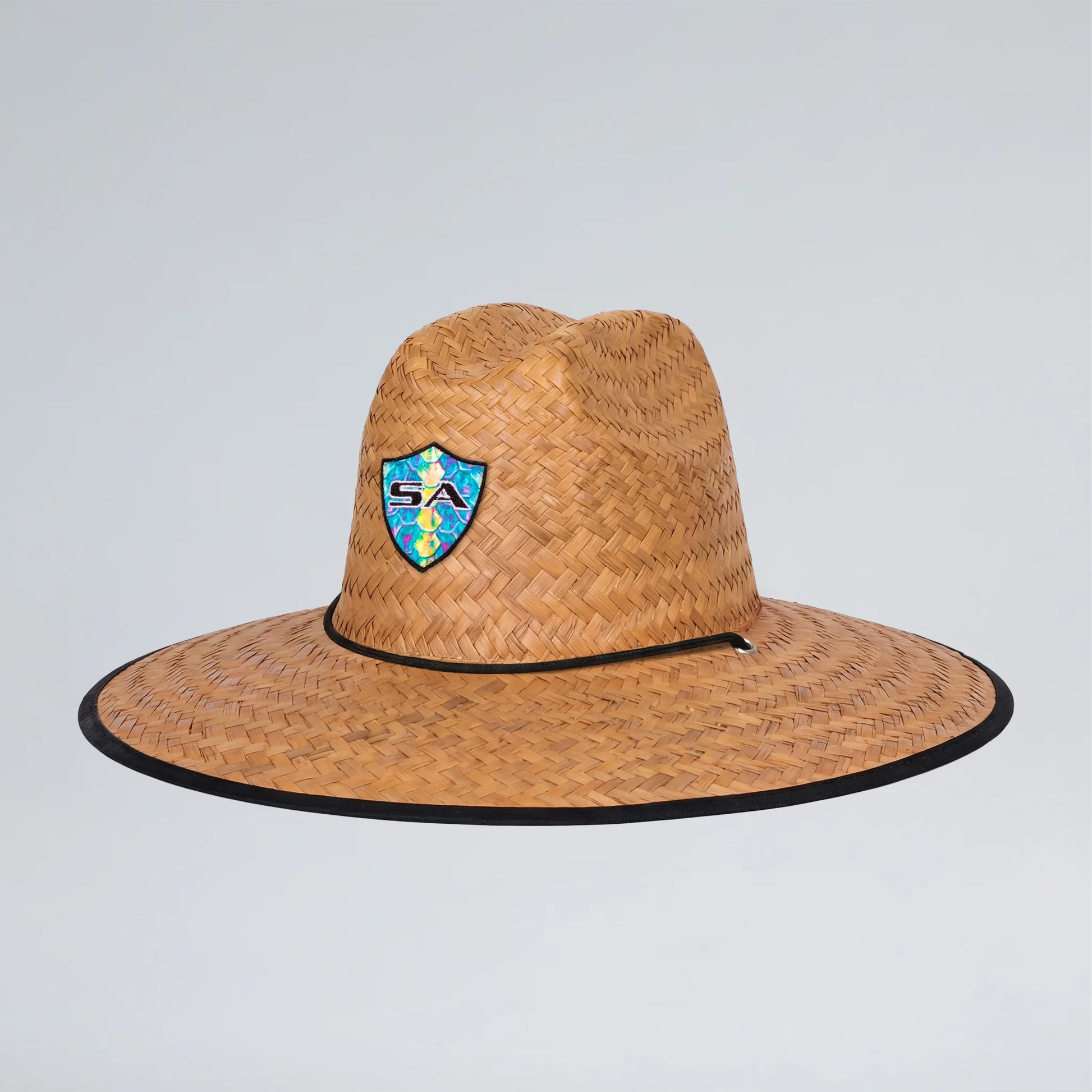 Straw hat with a logo on a light gray background