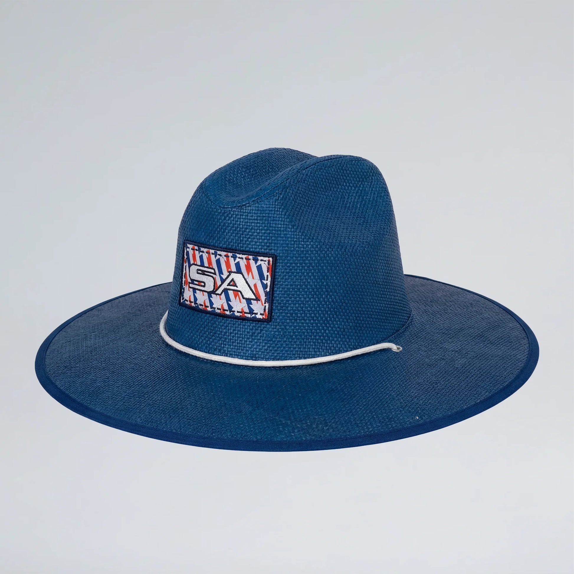 Blue straw hat with a logo on a light gray background