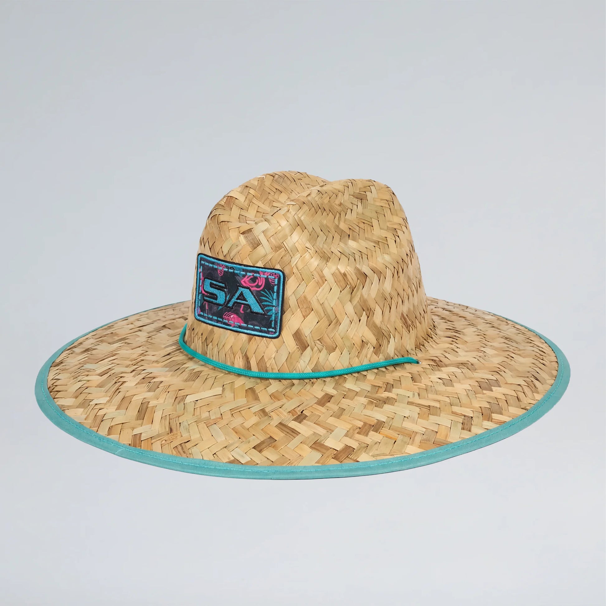 Straw hat with a blue band and logo on a light gray background