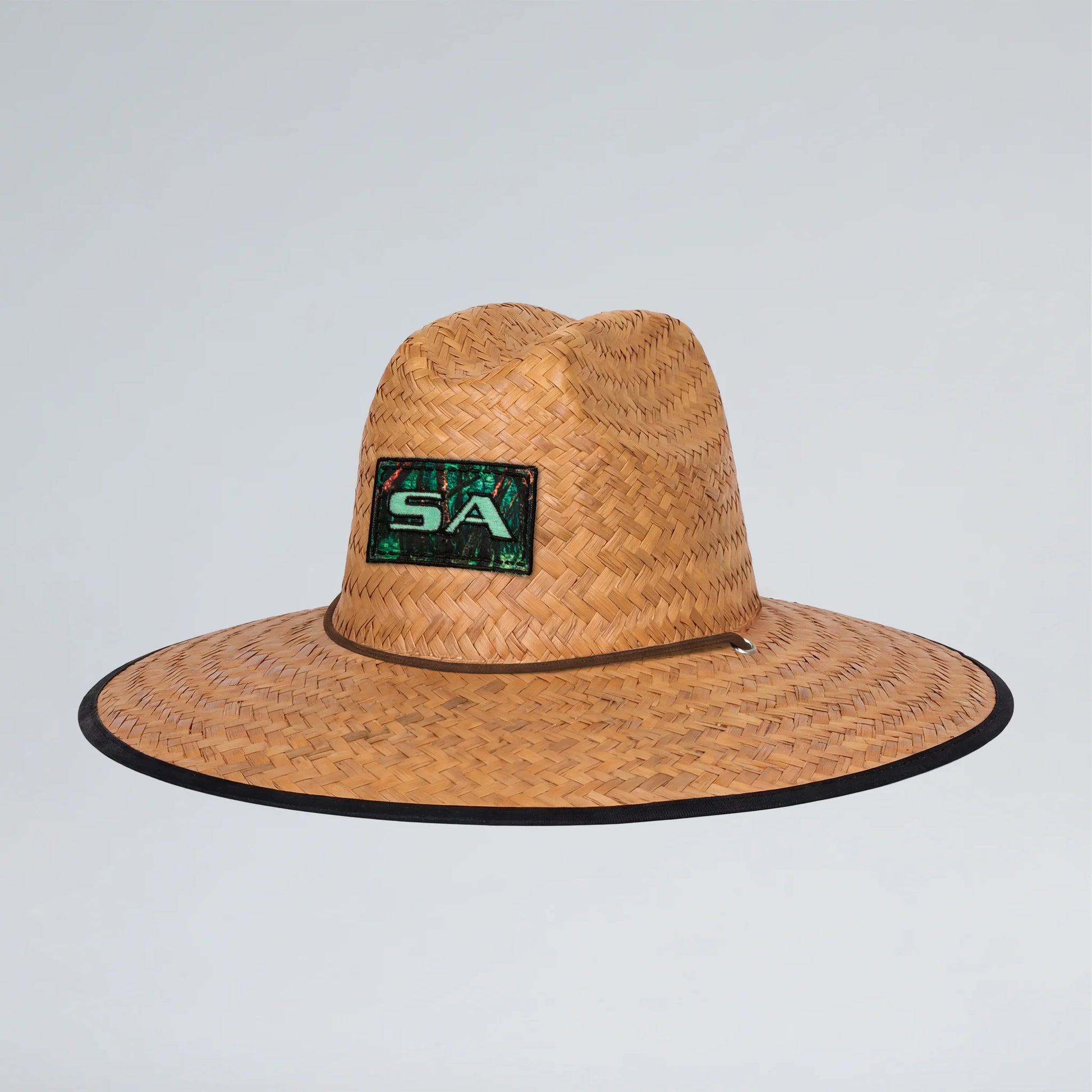 Straw hat with a logo on a light gray background