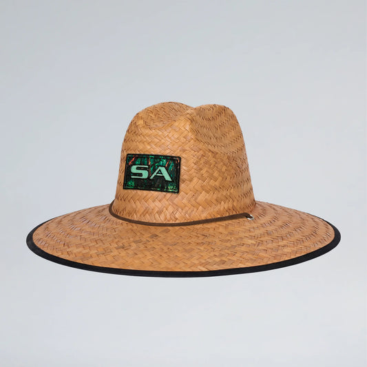 Straw hat with a logo on a light gray background