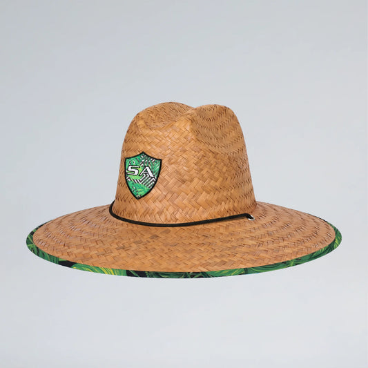 Straw hat with a logo on a light gray background