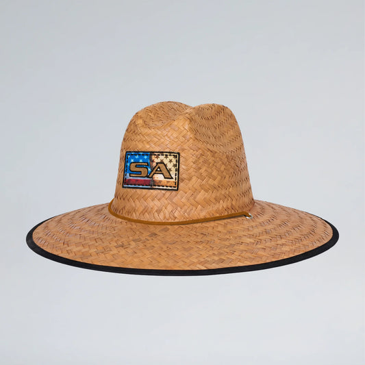 Straw hat with a logo on a light gray background