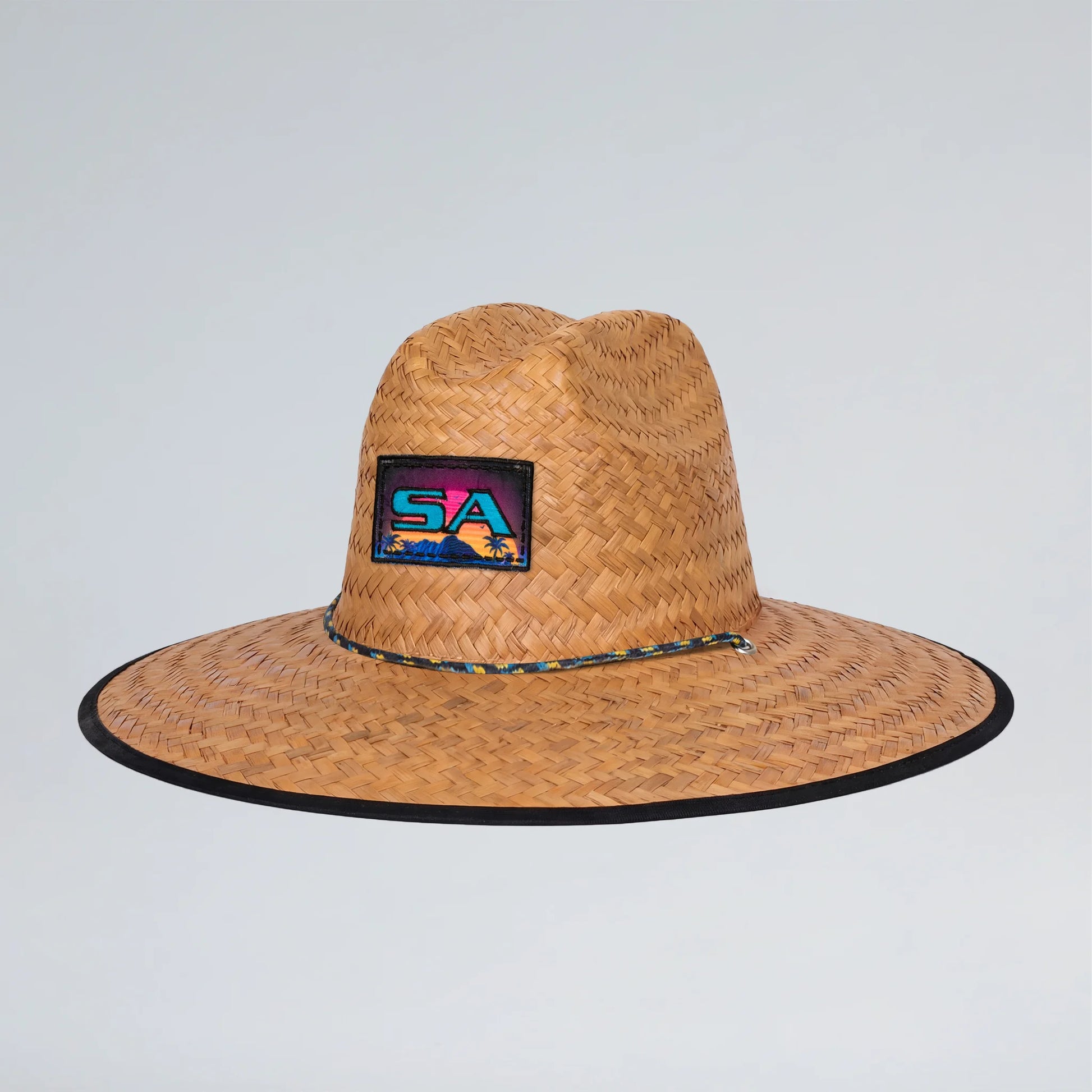 Straw hat with a logo on a light gray background