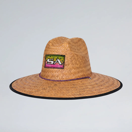 Straw hat with a logo on a light gray background