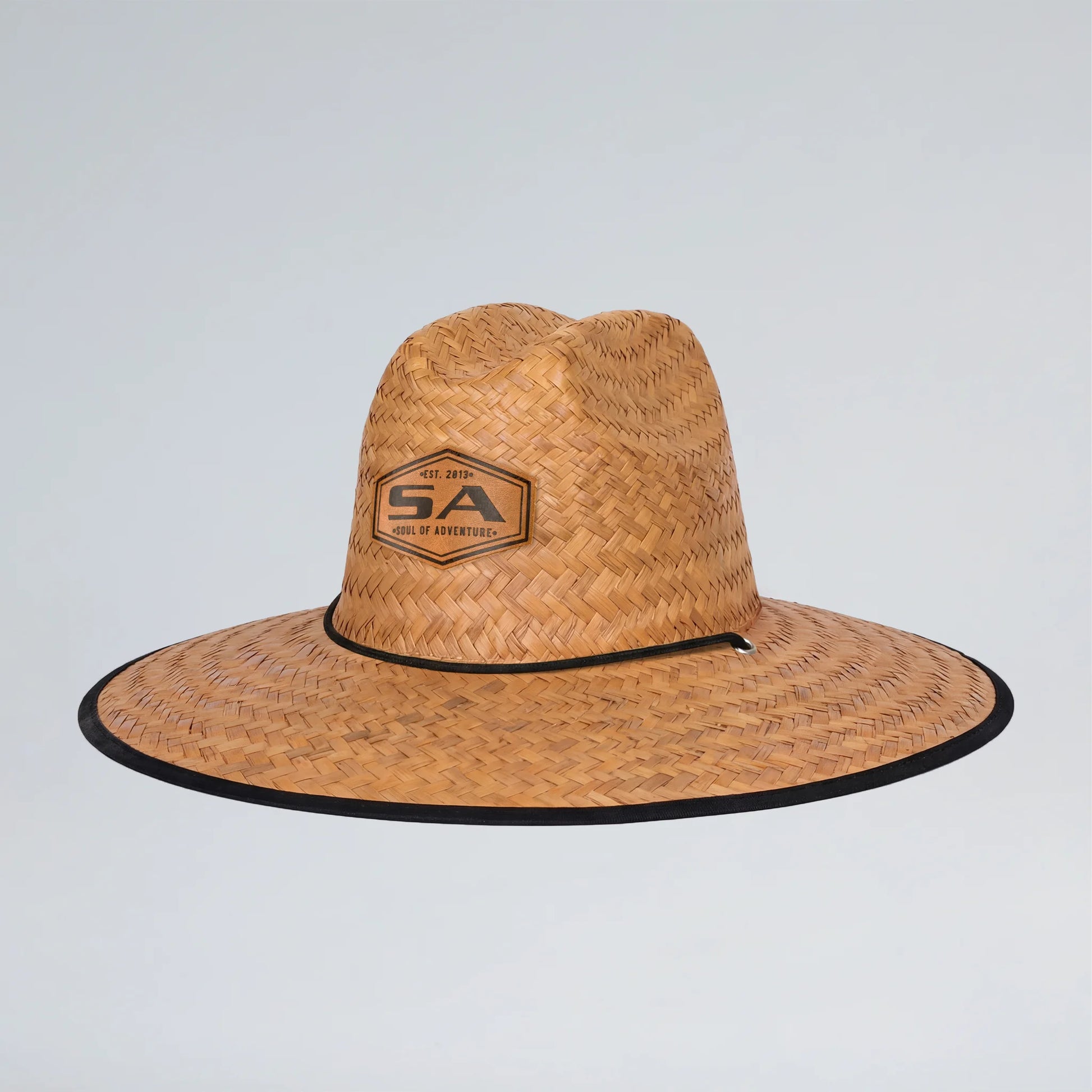 Straw hat with a logo on a light gray background