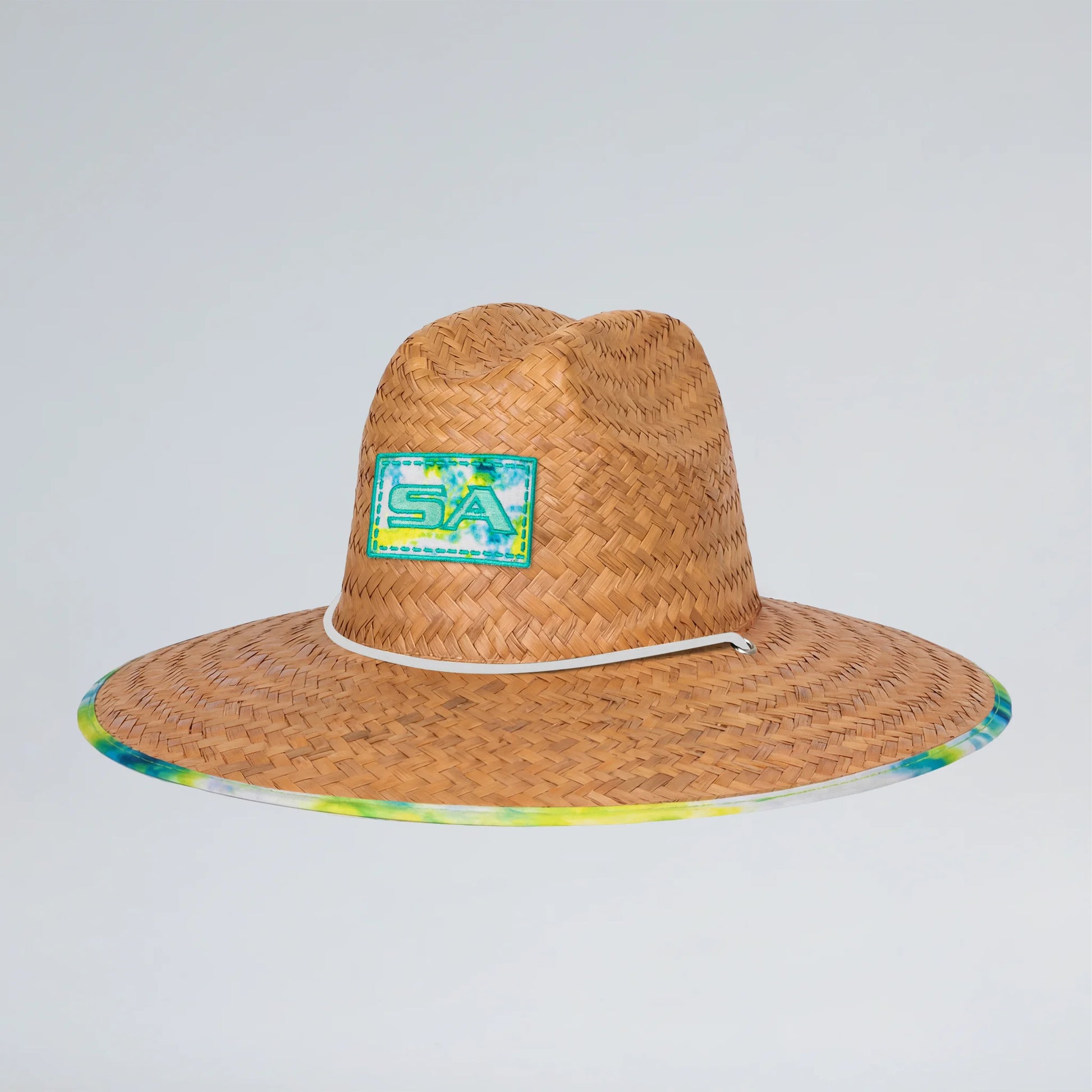 Straw hat with a visible brand logo on a light gray background