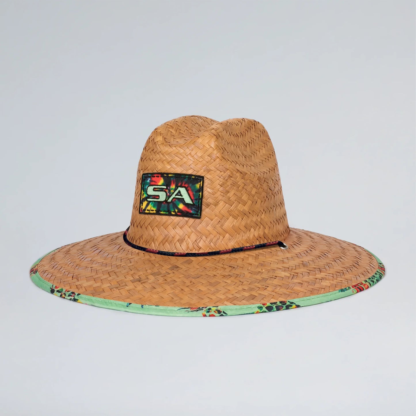 Straw hat with a colorful SA logo on a light gray background