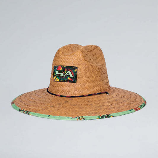Straw hat with a colorful SA logo on a light gray background