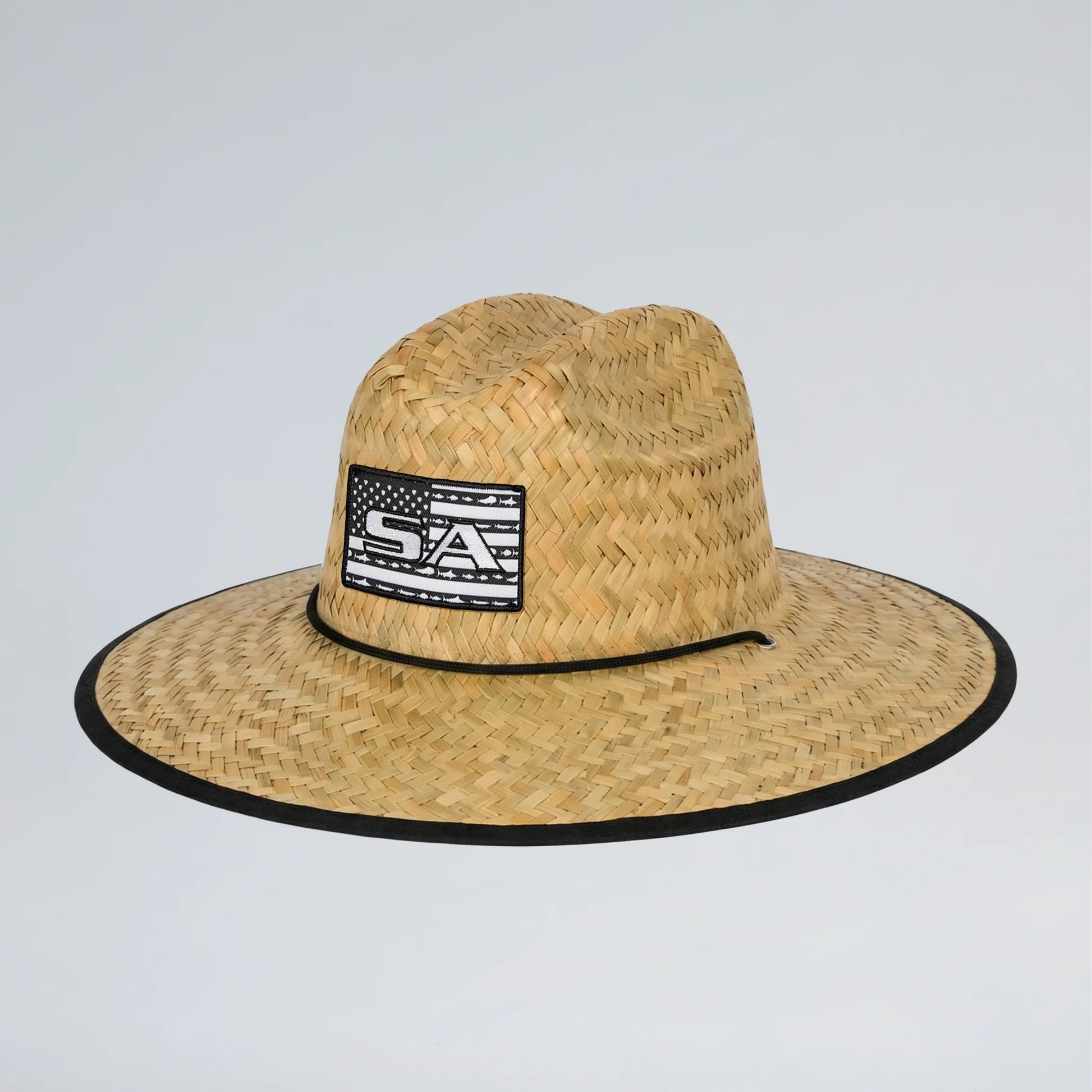 Straw hat with a logo on a light gray background