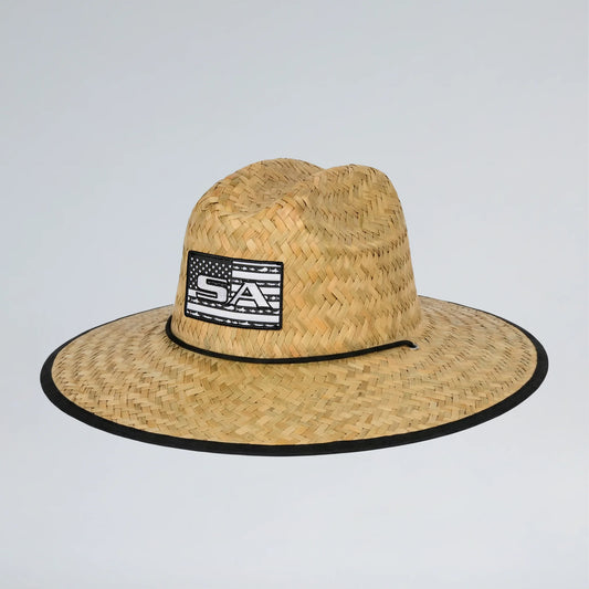 Straw hat with a logo on a light gray background